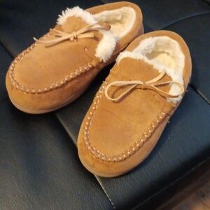 Kids Suede Moccasin Slippers with Shearling Lining - Tan